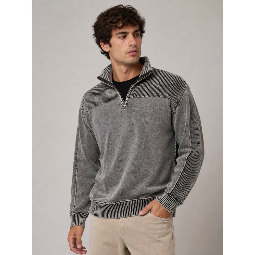 BKE Mens Quarter Zip Pullover Sweater Large Faded Black Ribbed Knit Mock Neck